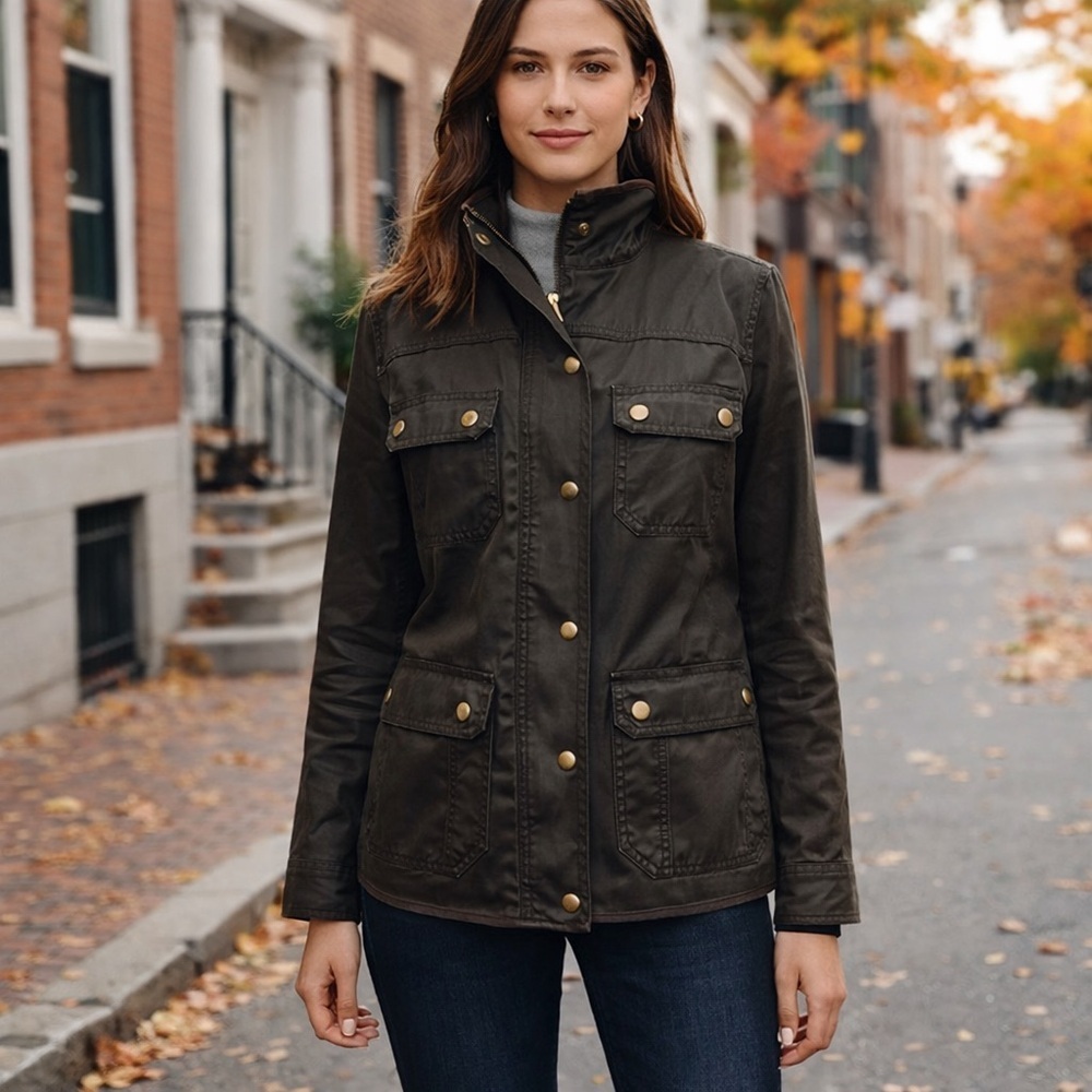 J Crew Womens Downtown Field Jacket Sz Small Olive Green Waxed Cotton Military